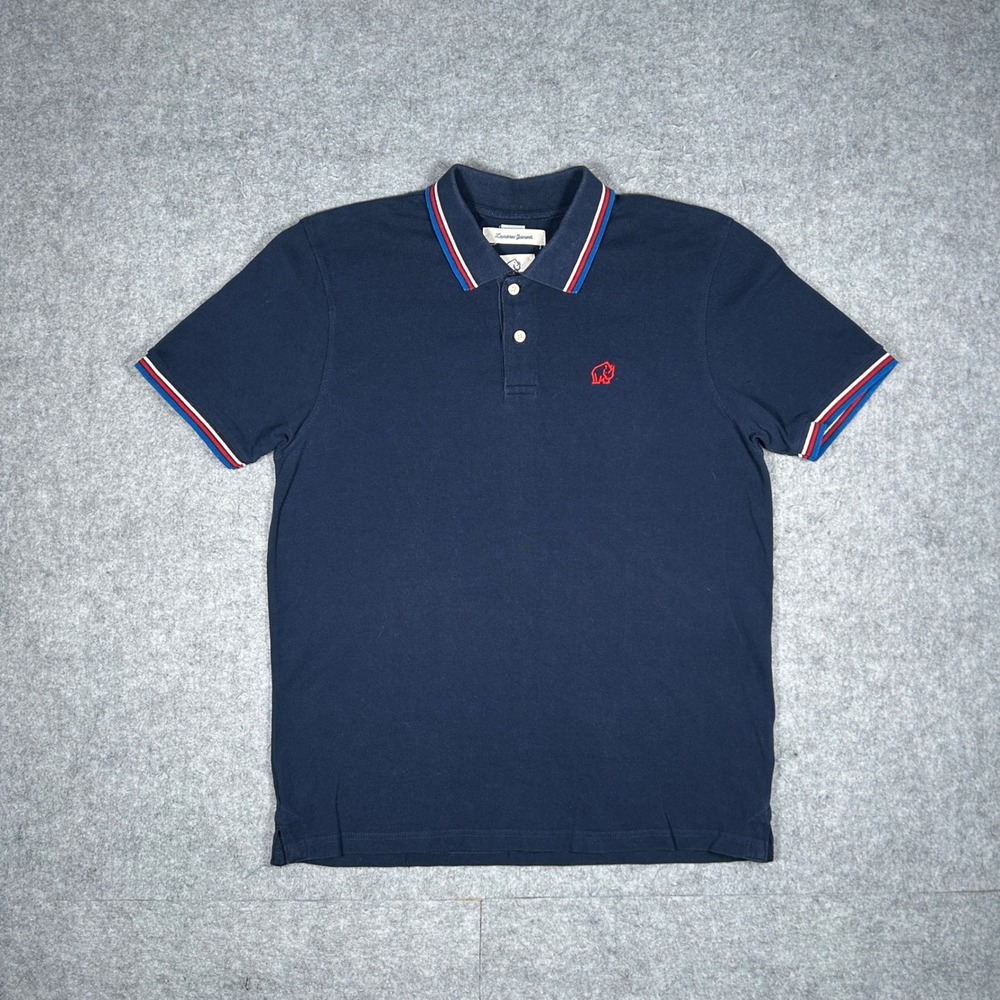 Rhino Rugby Polo Shirt Mens Medium Navy Blue Laundered Garments Tipped Casual